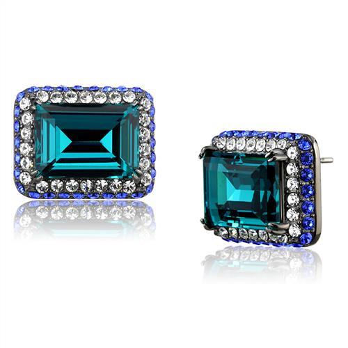 IP Light Black  (IP Gun) Stainless Steel Earrings with Top Grade Crystal  in Blue Zircon
