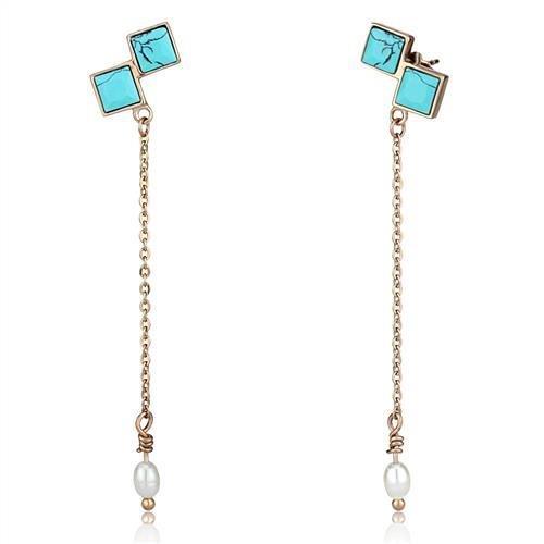 IP Rose Gold(Ion Plating) Stainless Steel Earrings with Synthetic Turquoise in Sea Blue