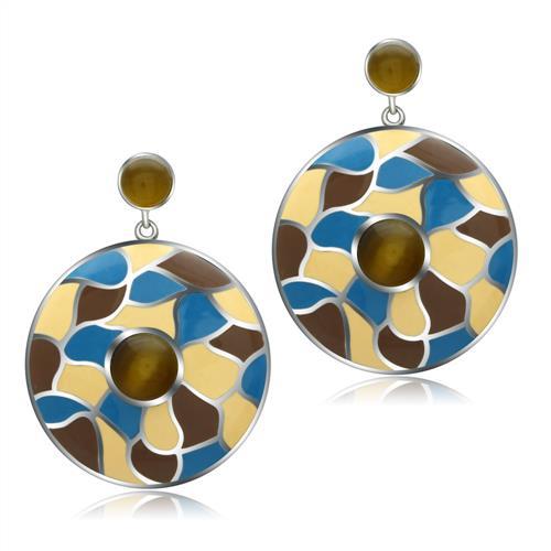 High polished (no plating) Stainless Steel Earrings with Synthetic Cat Eye in Brown