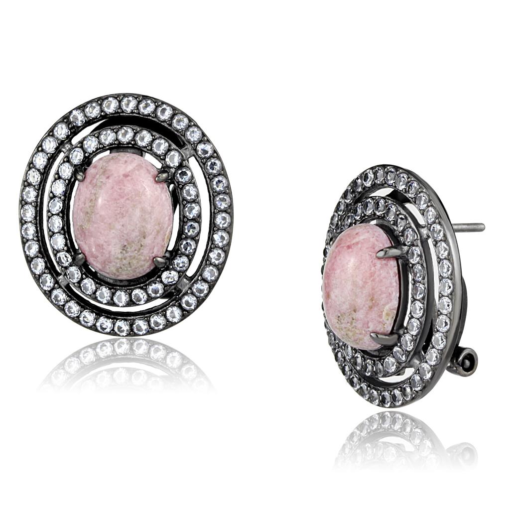 IP Light Black  (IP Gun) Stainless Steel Earrings with Semi-Precious Coral in Light Rose