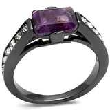 IP Light Black  (IP Gun) Stainless Steel Ring with Precious Stone Amethyst Crystal in Amethyst