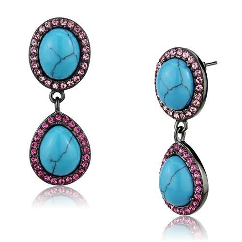 IP Light Black  (IP Gun) Stainless Steel Earrings with Synthetic Turquoise in Sea Blue