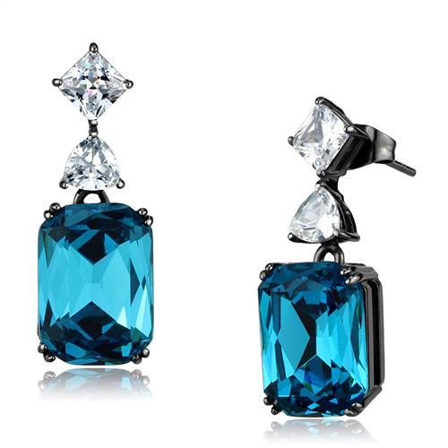 IP Light Black  (IP Gun) Stainless Steel Earrings with Top Grade Crystal  in Blue Zircon
