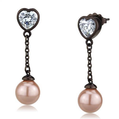 IP Dark Brown (IP coffee) Stainless Steel Earrings with Synthetic Pearl in Light Rose