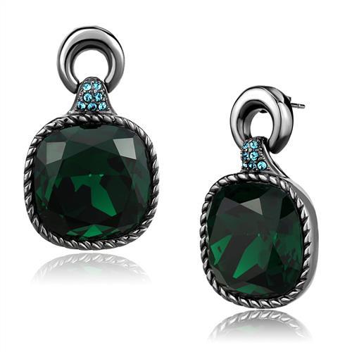 IP Light Black  (IP Gun) Stainless Steel Earrings with Top Grade Crystal  in Emerald