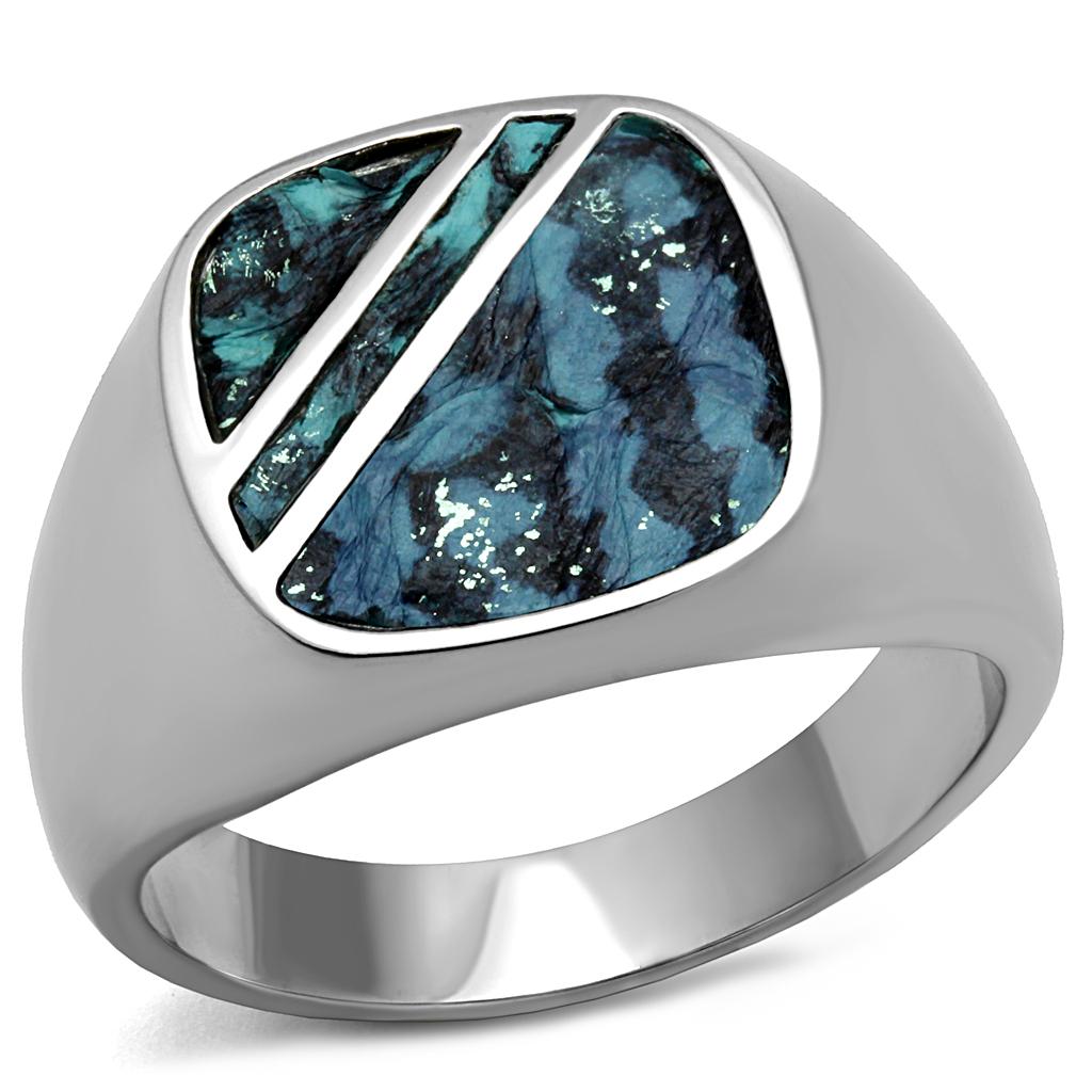 TK2860 High polished (no plating) Stainless Steel Ring with Leather in Aquamarine AB
