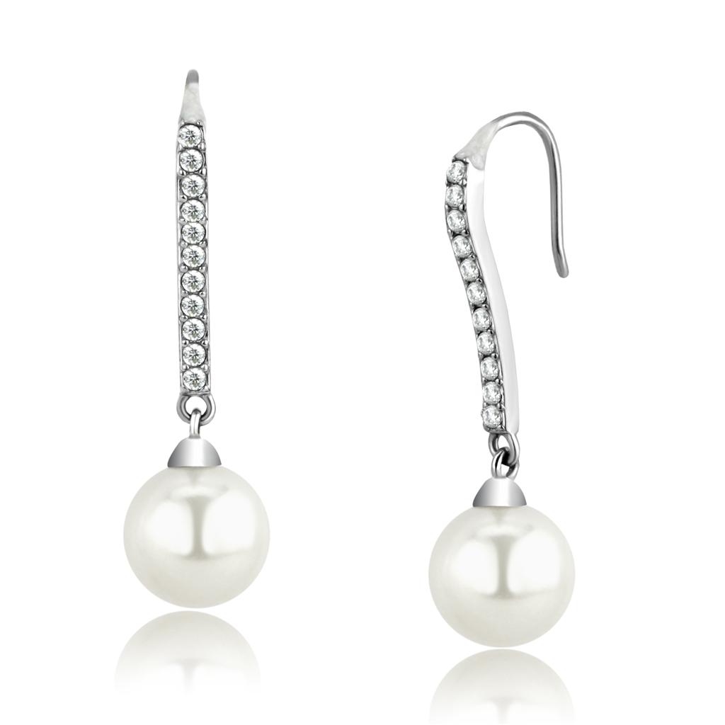 High polished (no plating) Stainless Steel Earrings with Synthetic Pearl in White