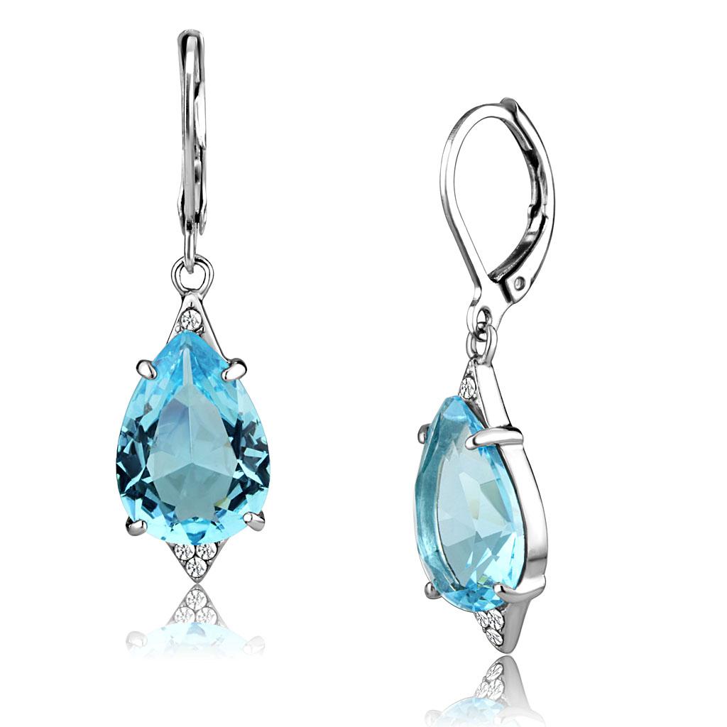 High polished (no plating) Stainless Steel Earrings with Synthetic Synthetic Glass in Sea Blue