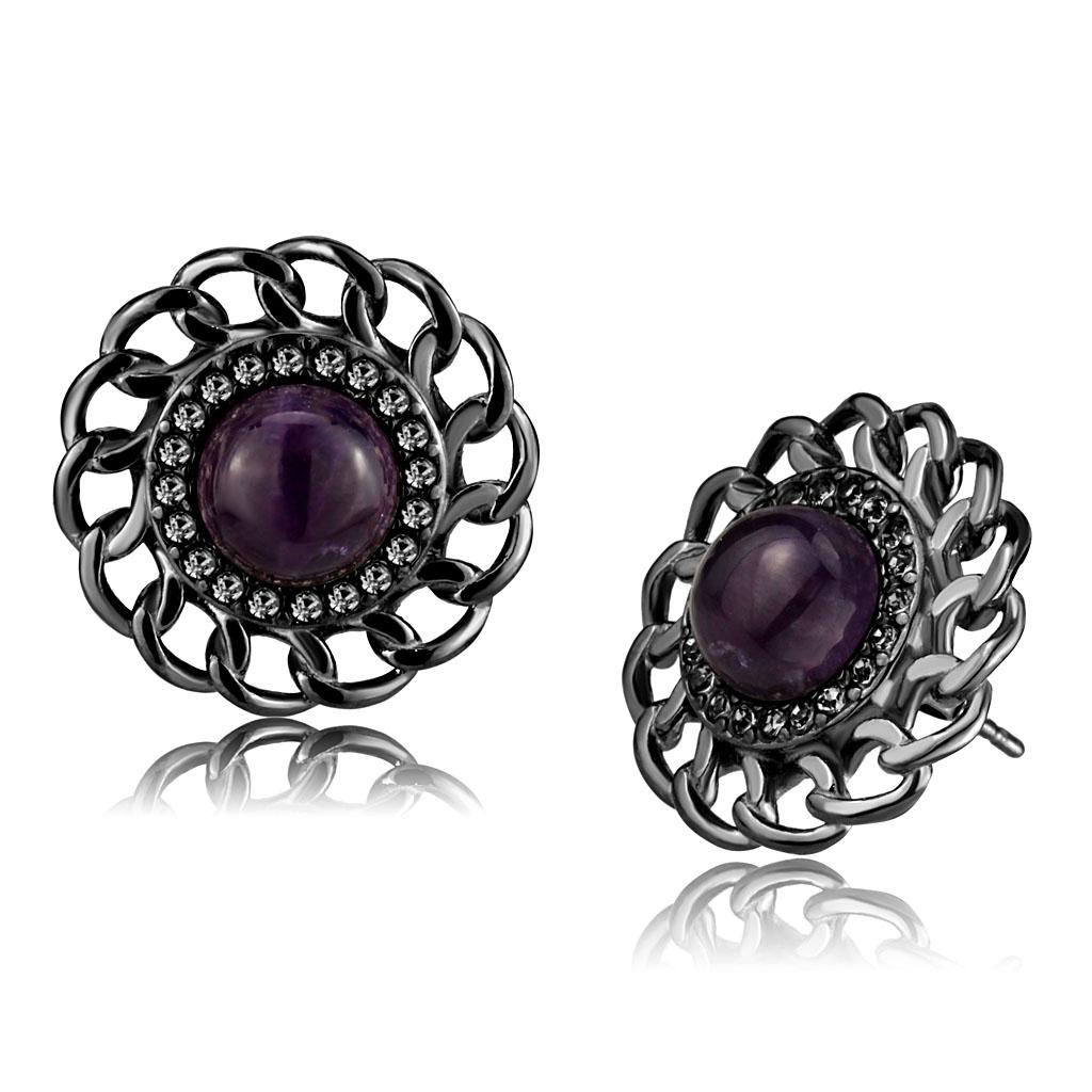 IP Light Black  (IP Gun) Stainless Steel Earrings with Semi-Precious Amethyst Crystal in Amethyst