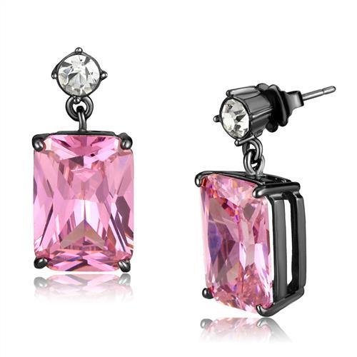 IP Light Black  (IP Gun) Stainless Steel Earrings with AAA Grade CZ  in Rose
