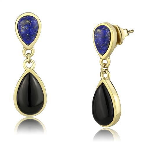IP Gold(Ion Plating) Stainless Steel Earrings with Semi-Precious Onyx in Jet