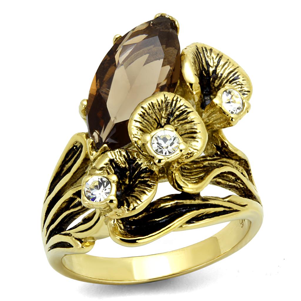 IP Gold(Ion Plating) Stainless Steel Ring with Synthetic Synthetic Glass in Brown
