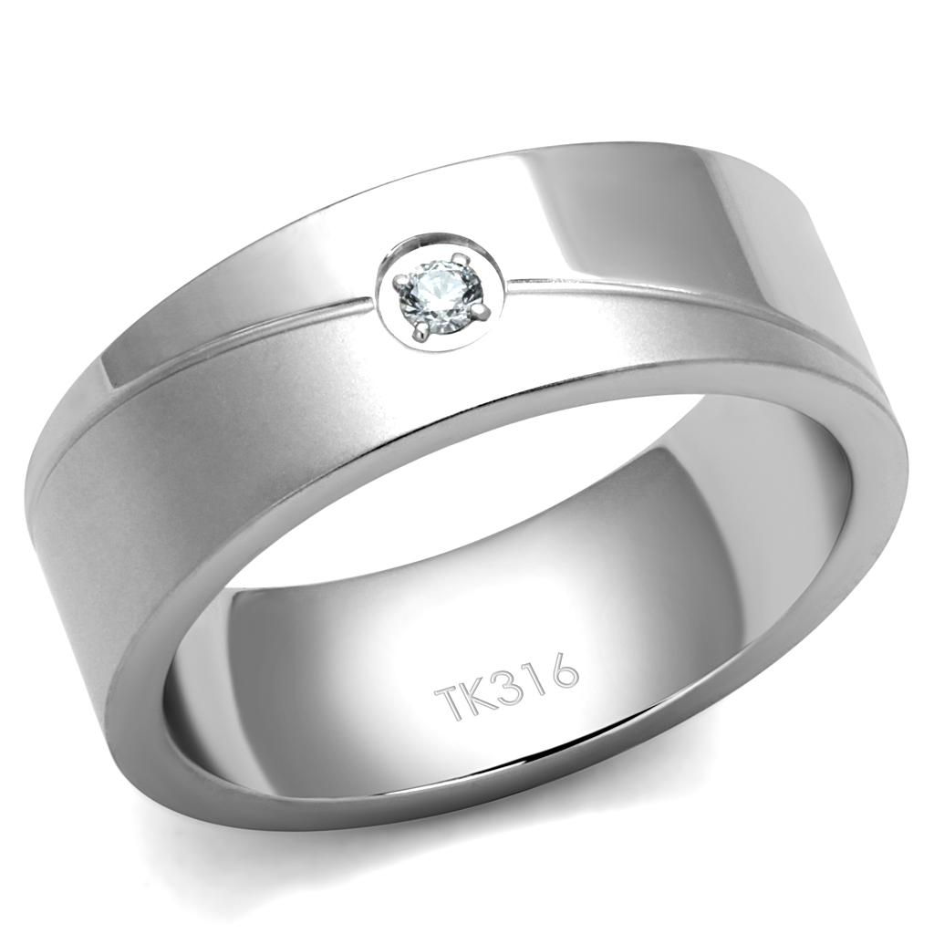 High polished (no plating) Stainless Steel Ring with AAA Grade CZ  in Clear