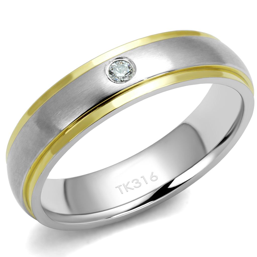 Two-Tone IP Gold (Ion Plating) Stainless Steel Ring with AAA Grade CZ  in Clear