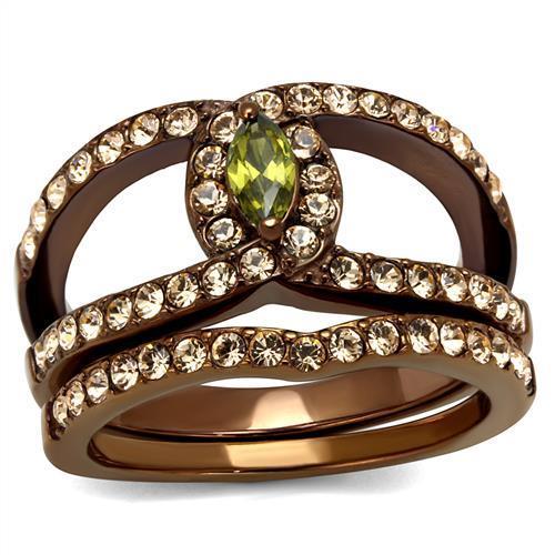IP Coffee light Stainless Steel Ring with AAA Grade CZ  in Olivine color