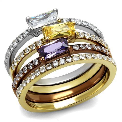 Three Tone (IP Gold & IP Light coffee & High Polished) Stainless Steel Ring with AAA Grade CZ  in Multi Color