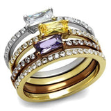 Three Tone (IP Gold & IP Light coffee & High Polished) Stainless Steel Ring with AAA Grade CZ  in Multi Color