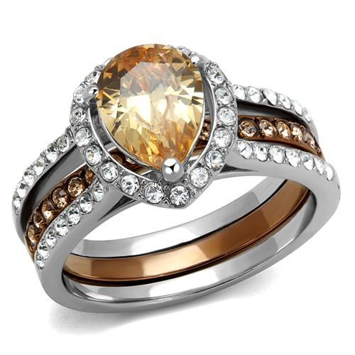Two Tone IP Light Brown (IP Light coffee) Stainless Steel Ring with AAA Grade CZ  in Champagne