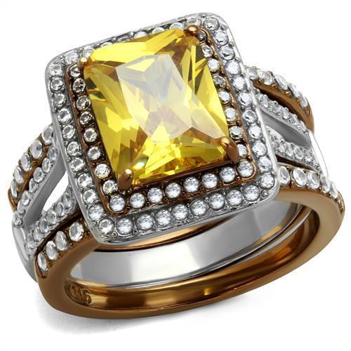 Two Tone IP Light Brown (IP Light coffee) Stainless Steel Ring with AAA Grade CZ  in Topaz