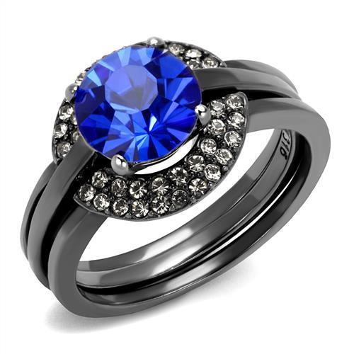 IP Light Black  (IP Gun) Stainless Steel Ring with Top Grade Crystal  in Sapphire