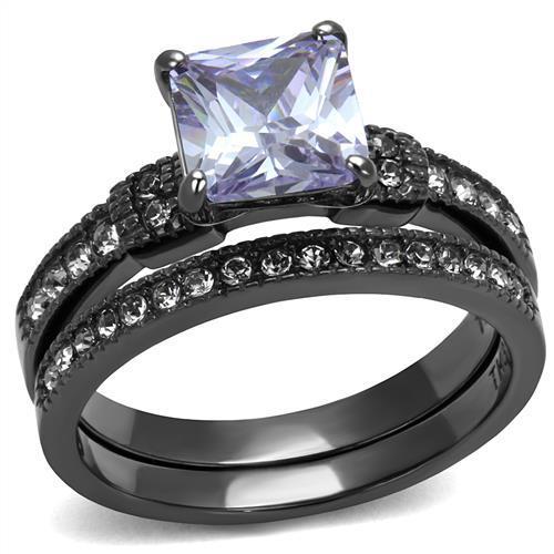 IP Light Black  (IP Gun) Stainless Steel Ring with AAA Grade CZ  in Light Amethyst