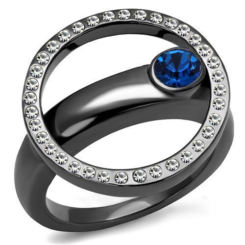 IP Light Black  (IP Gun) Stainless Steel Ring with Top Grade Crystal  in Capri Blue