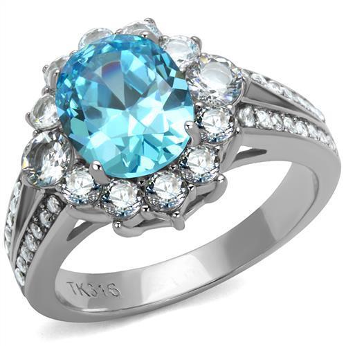 High polished (no plating) Stainless Steel Ring with AAA Grade CZ  in Sea Blue