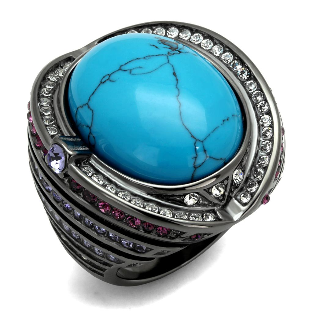 IP Light Black  (IP Gun) Stainless Steel Ring with Synthetic Turquoise in Sea Blue