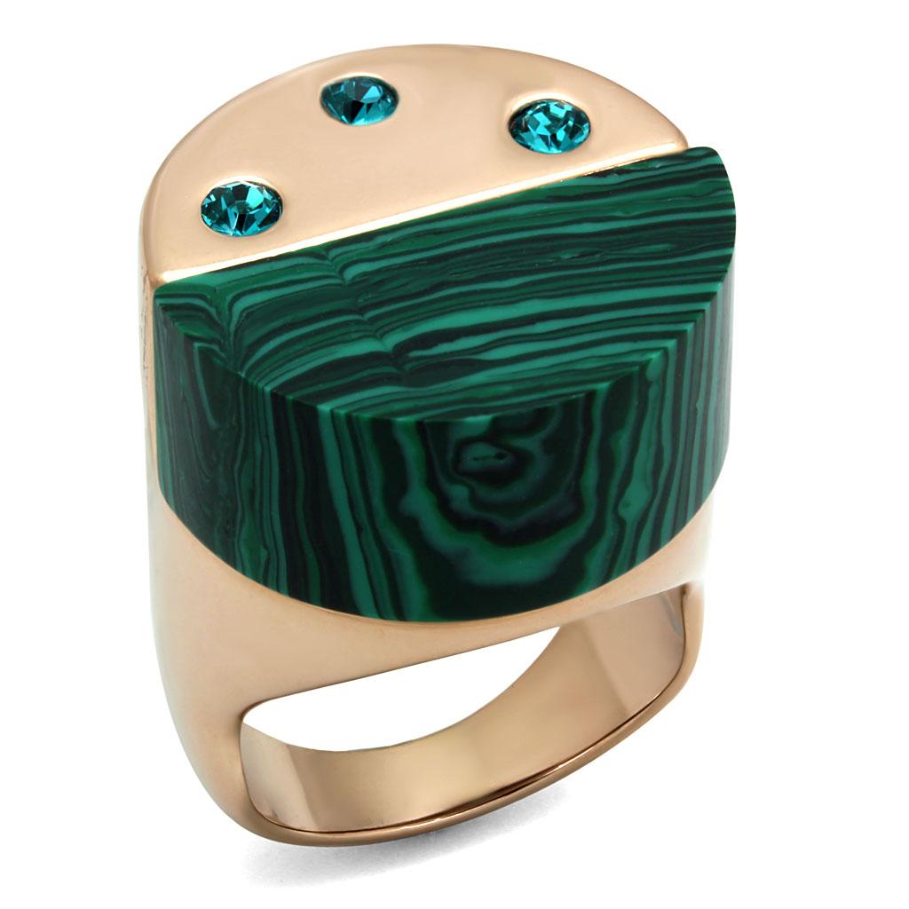 IP Rose Gold(Ion Plating) Stainless Steel Ring with Synthetic MALACHITE in Emerald