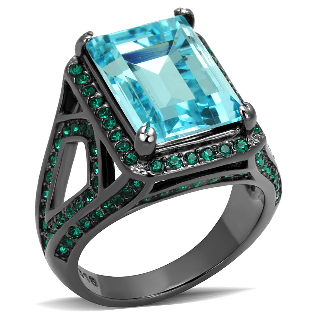 IP Light Black  (IP Gun) Stainless Steel Ring with Top Grade Crystal  in Sea Blue