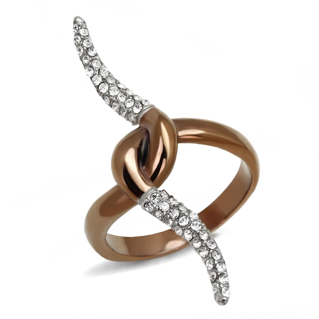 Two Tone IP Light Brown (IP Light coffee) Stainless Steel Ring with Top Grade Crystal  in Clear