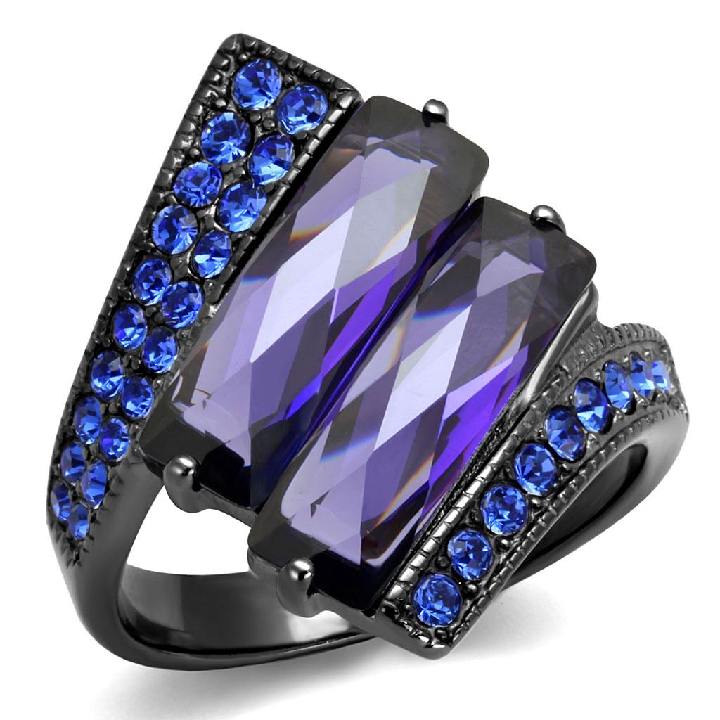 IP Light Black  (IP Gun) Stainless Steel Ring with AAA Grade CZ  in Tanzanite