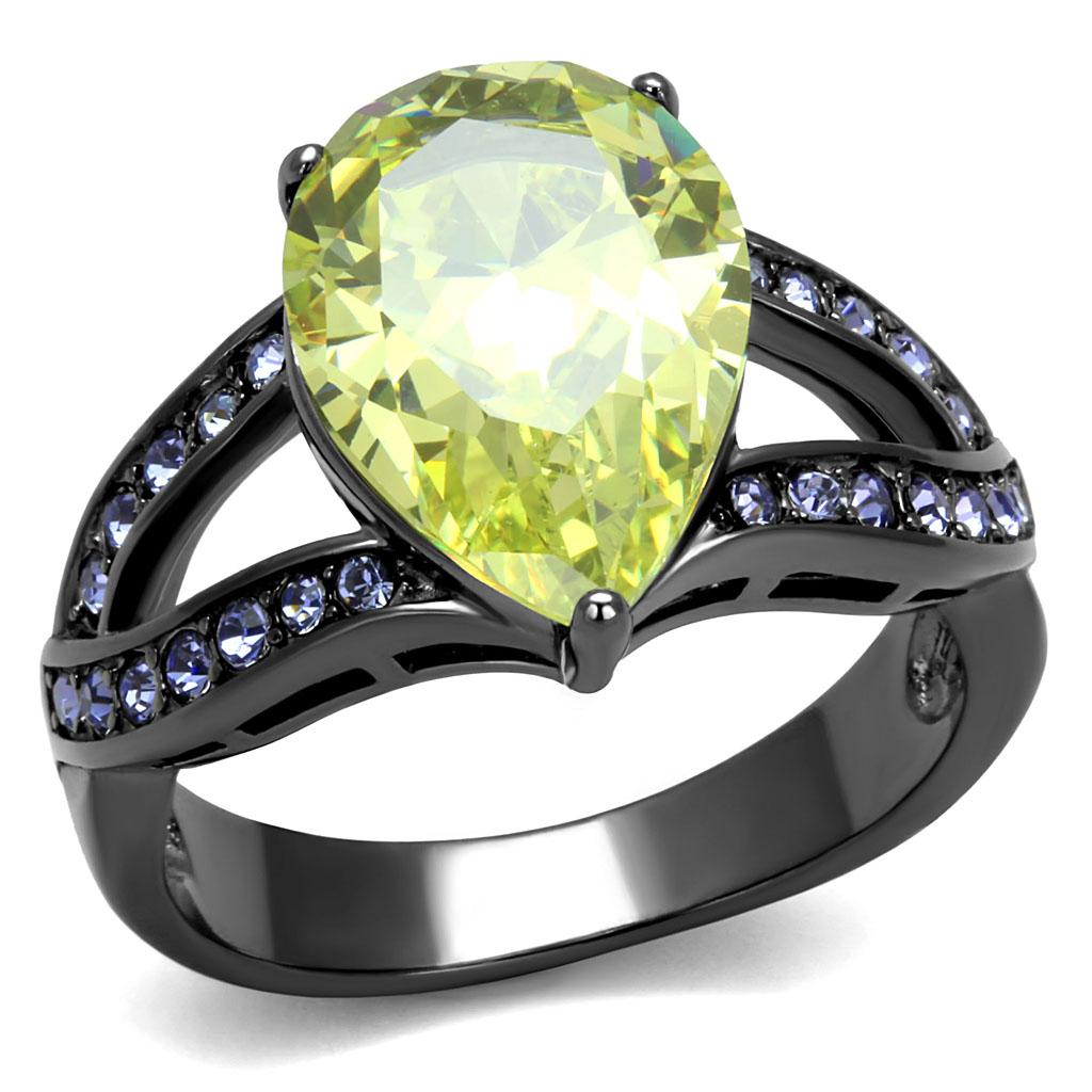 IP Light Black  (IP Gun) Stainless Steel Ring with AAA Grade CZ  in Apple Green color
