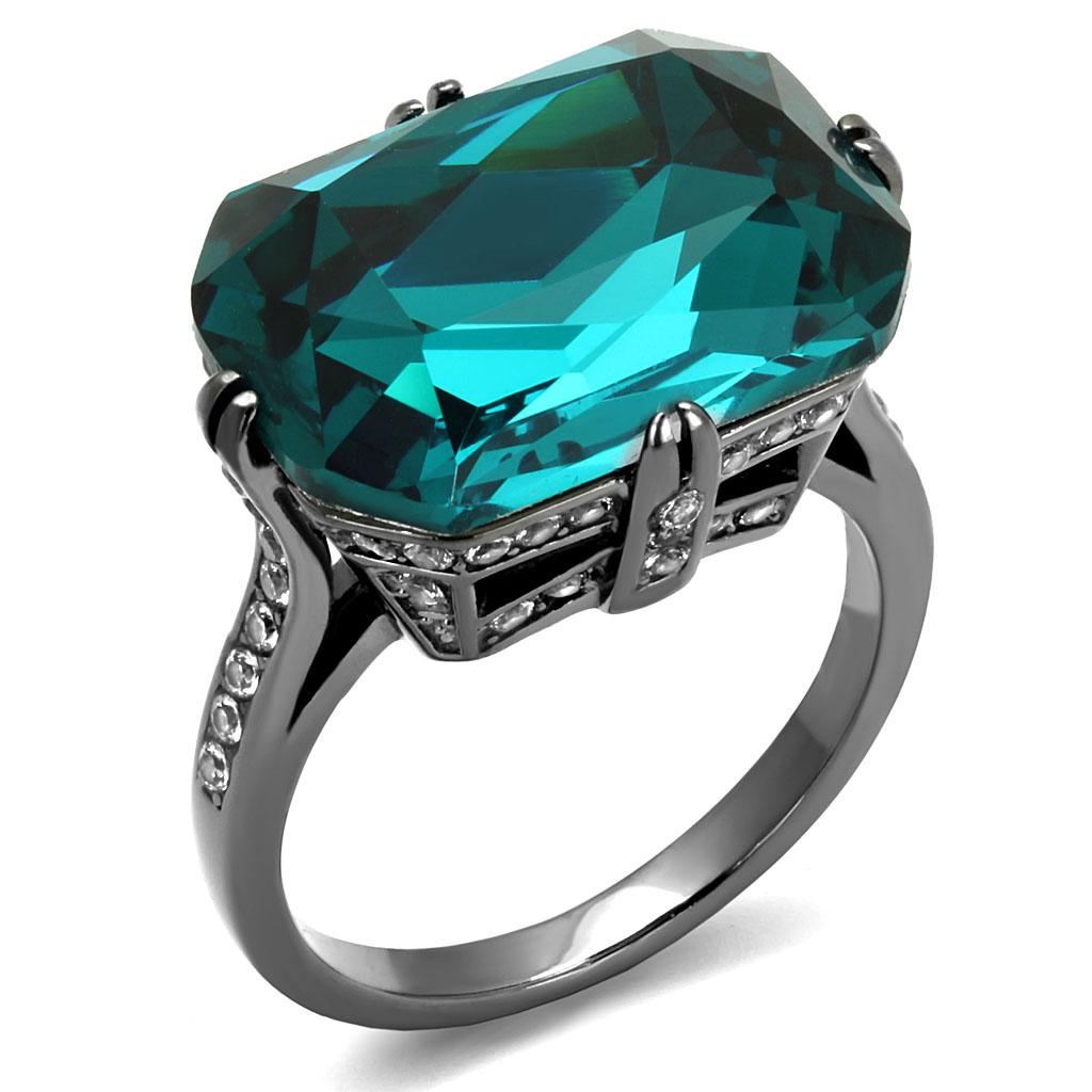 IP Light Black  (IP Gun) Stainless Steel Ring with Top Grade Crystal  in Blue Zircon
