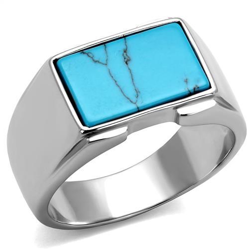 High polished (no plating) Stainless Steel Ring with Synthetic Imitation Amber  in Sea Blue