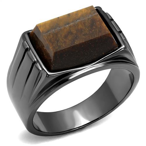 IP Light Black  (IP Gun) Stainless Steel Ring with Synthetic Tiger Eye in Topaz