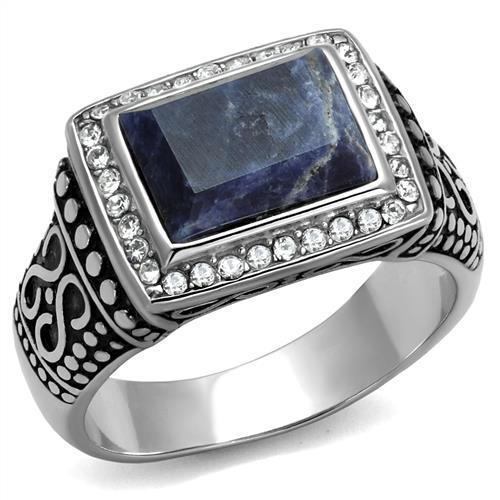 High polished (no plating) Stainless Steel Ring with Semi-Precious Sodalite in Capri Blue