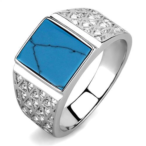High polished (no plating) Stainless Steel Ring with Synthetic Turquoise in Sea Blue