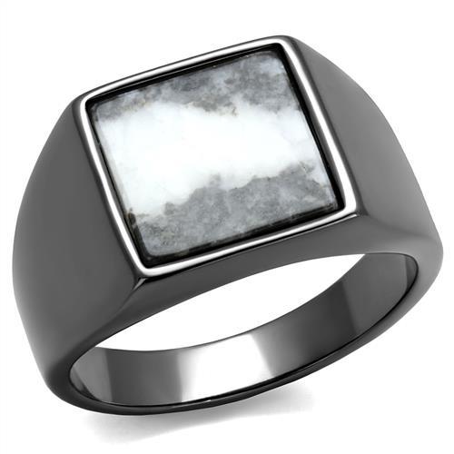 IP Light Black  (IP Gun) Stainless Steel Ring with Semi-Precious Zebra Jasper in Gray