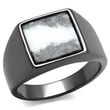 IP Light Black  (IP Gun) Stainless Steel Ring with Semi-Precious Zebra Jasper in Gray