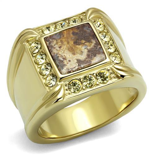 IP Gold(Ion Plating) Stainless Steel Ring with Semi-Precious Oligoclase in Smoked Quartz