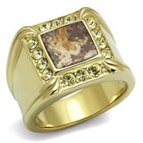 IP Gold(Ion Plating) Stainless Steel Ring with Semi-Precious Oligoclase in Smoked Quartz