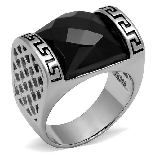 High polished (no plating) Stainless Steel Ring with Synthetic Onyx in Jet