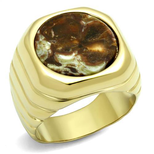 IP Gold(Ion Plating) Stainless Steel Ring with Semi-Precious Oligoclase in Smoked Quartz
