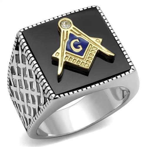 Two-Tone IP Gold (Ion Plating) Stainless Steel Ring with Semi-Precious Agate in Jet