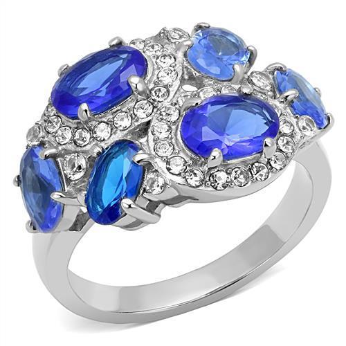High polished (no plating) Stainless Steel Ring with Synthetic Synthetic Glass in Sapphire