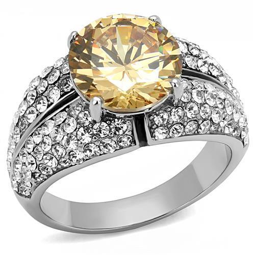 High polished (no plating) Stainless Steel Ring with AAA Grade CZ  in Champagne