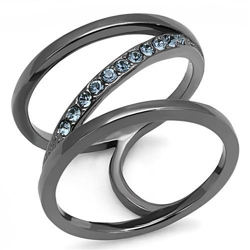 IP Light Black  (IP Gun) Stainless Steel Ring with Top Grade Crystal  in Capri Blue