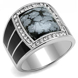 High polished (no plating) Stainless Steel Ring with Semi-Precious Snowflake Obsidian in Jet