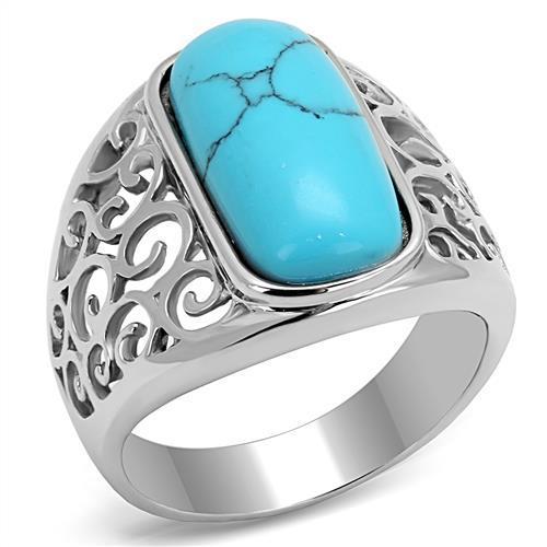 High polished (no plating) Stainless Steel Ring with Synthetic Turquoise in Sea Blue